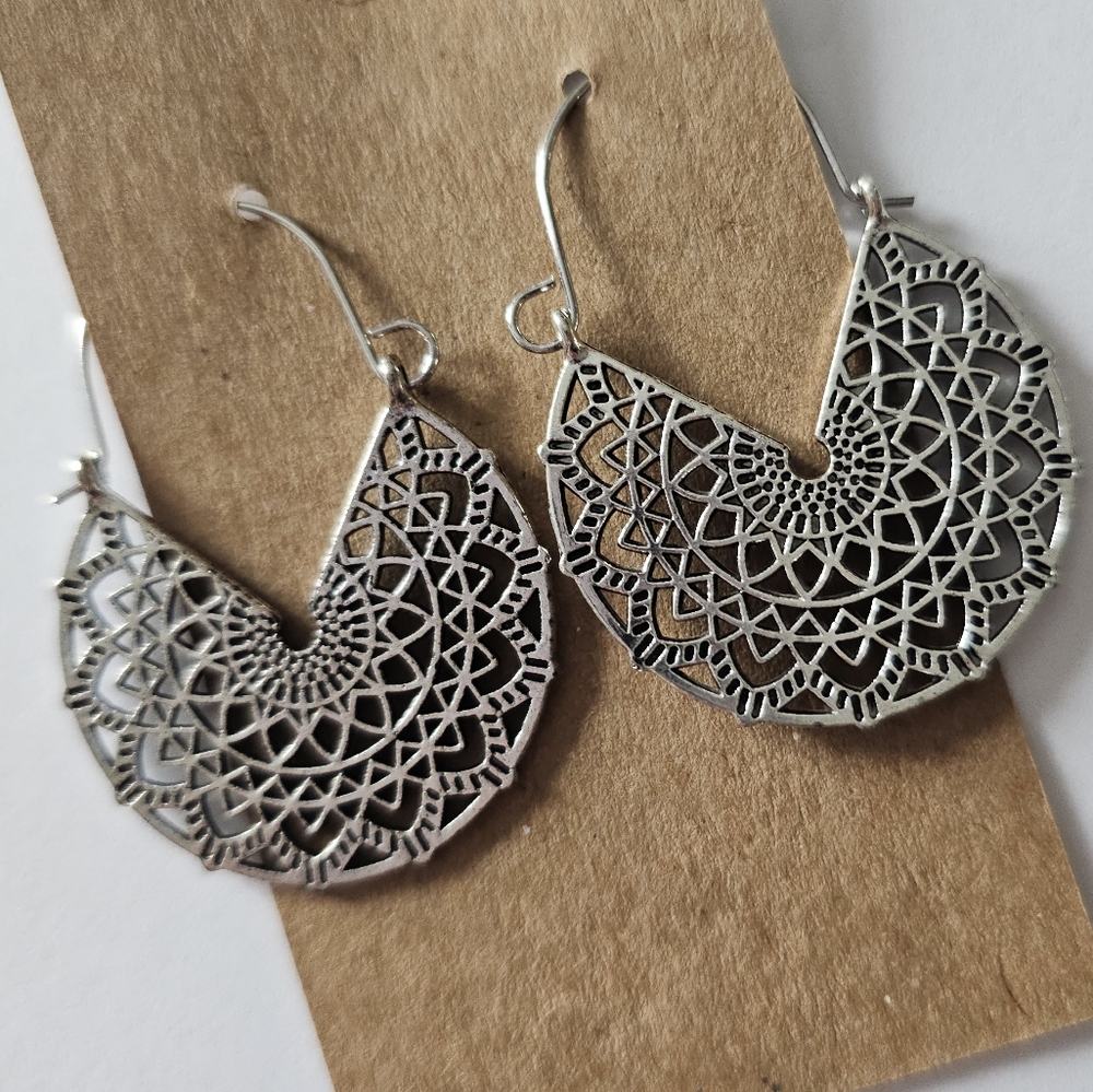 Silvertone Mandala Hoop Earrings